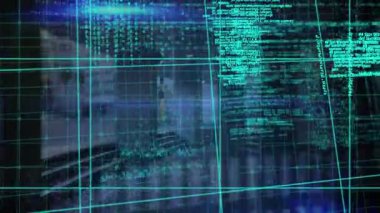 Binanın üzerinde mavi veri işleme animasyonu. küresel hesaplama, veri işleme ve dijital arayüz kavramı dijital olarak oluşturulmuş video.
