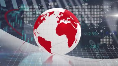 Dönen dünya ve dünya haritasına karşı istatistiksel ve borsa veri işleme animasyonu. Küresel ekonomi ve iş veri teknolojisi kavramı