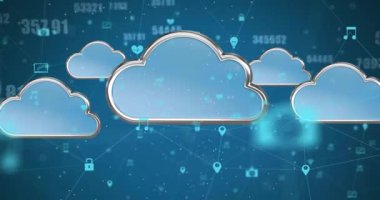 Bulutların animasyonu, simgeler ve sayılarla bağlantı ağı. küresel bulut hesaplaması, bağlantılar, ağlar ve veri işleme kavramı dijital olarak oluşturulmuş video.