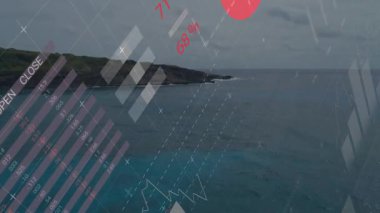 Veri işleme ve peyzaj üzerindeki borsa animasyonları. Küresel iş ve dijital arayüz kavramı dijital olarak oluşturulmuş video.