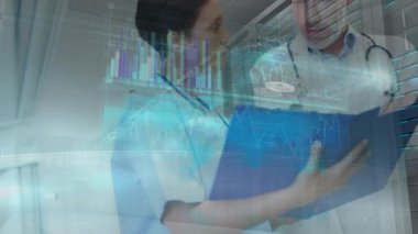 Data processing over caucasian male doctor and female health worker discussing reports at hospital. Medical healthcare and technology concept