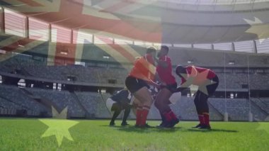 Rugby takımı yan çizgide kaldırma, kaldırma, sıçrama, bayrak grafiği altında ele geçirme. Sporcular, takım çalışması, yarışma, spor, hareket, atletizm, stadyum