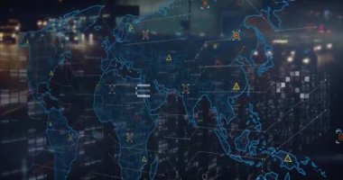 Dünya haritası üzerinde veri işleme animasyonu. küresel iş ve dijital arayüz kavramı dijital olarak oluşturulmuş video.