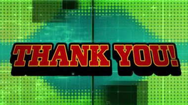 Geçmişe dönük konuşma baloncuğu ve yeşil arkaplanda sıralanmış noktalar üzerindeki teşekkür mesajının animasyonu. Video oyunu arayüzü ve teknoloji kavramı