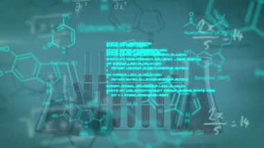 Sıvı kaplar üzerinde veri işleme ve kimyasal formüllerin animasyonu. küresel bilim, veri işleme ve dijital arayüz kavramı dijital olarak oluşturulmuş video.
