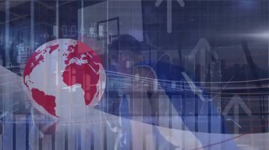 Dünyanın animasyonu, grafikler, yukarı oklar, farklı basketbol oyuncularının esneme hareketleri. Dijital bileşik, çoklu pozlama, küreselleşme, rapor, büyüme, spor, egzersiz, rekabet.