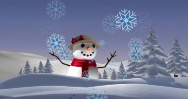 Ağaçların ve kardan adamların olduğu bir kış manzarasının dijital animasyonu. Bu video Noel sezonunu ve kışın neşesini kutluyor..
