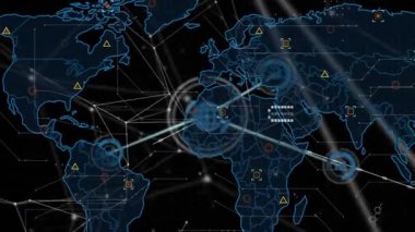 Pulse marker emerging over Atlantic radiating rings and connecting nodes and network expanding. Technology, connectivity, digital, network, data, communication, futuristic