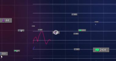 Node appearing initiating badges fading, lines oscillating, bars rising illustrating data trends. Analytics, dashboard, data, visualization, interface, charts, statistics