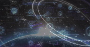 HUD hedefleri, radar simgeleri ve veri panelleri ile düşük yörüngede şık gezegen ufkunu gösteriyor. Uzay, yörünge, telemetri, arayüz, holografik, neon, geleceksel