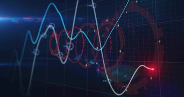 Sanal HUD 'de kırmızı halkalar ve ışıklandırılmış düğümlerle açık mavi, beyaz çizgi grafikleri gösteriliyor. Neon, parıltı, gösterge paneli, holografik, ızgara, veri, analiz