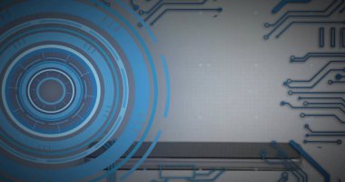 Çerçevenin sol tarafında bulunan büyük mavi eş merkezli HUD halkaları ve kavisler, kopyalama uzayı. Radikal, dairesel, arayüz, devre, ızgara, gradyan, vignette