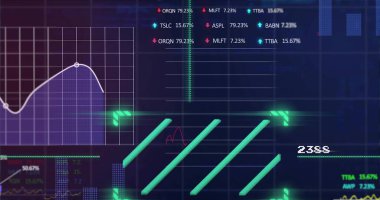 Merkezi deniz mavisi çubukları beyaz çizgili ve kırmızı çizgili, 2388 numaralı gösterge panelinde yanıp sönüyor. Neon, parıltı, ızgara, çizgiler, arayüz, analiz, metrik