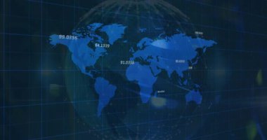 Dünya ve ızgara üzerinde veri işleme animasyonu. Küresel bağlantılar iş dünyası dijital arayüz teknolojisi ve dijital olarak oluşturulan ağ konsepti.