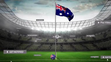 Animation of Australian flag waving in stadium with notifications and video alerts. Soccer, event, sports, communication, digital, banner