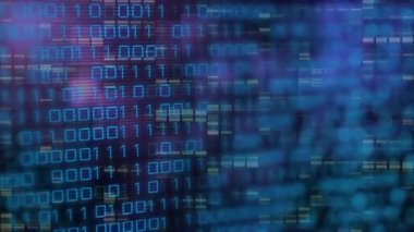 Animation of data processing over moving columns on black background. Global technology, computing and digital interface concept digitally generated video.