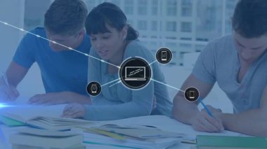 Animation of network of connections with icons over diverse students. Global education, networks, computing and data processing concept digitally generated video.