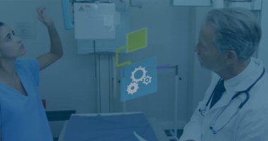 Hastanedeki farklı doktorların ikonlarıyla olan bağlantıların animasyonu. Küresel tıp, sağlık ve dijital arayüz kavramı dijital olarak üretilen video.