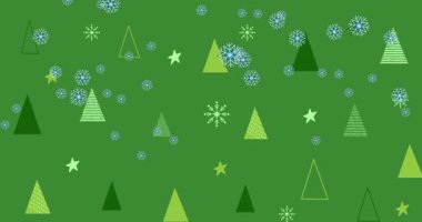 Mavi tanecikler sol üstte sürüklenen kümelenerek yeşil motif üzerinde tatil için döngü oluşturuyorlar. Kalıp, pürüzsüz, vektör, animasyon, kar tanesi, kar, ağaç