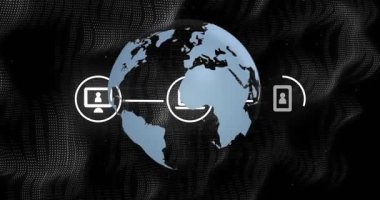 Siyah arka planda medya simgelerinin ve kürenin animasyonu. küresel iş ve dijital arayüz kavramı dijital olarak oluşturulmuş video.