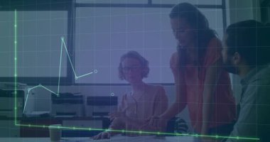 Business team pointing at printed documents at desk in modern office, with green line chart overlay. Collaboration, teamwork, analytics, productivity, modernity, corporate, innovation