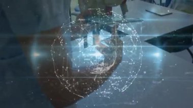 Teacher powering device activating glowing globe hologram guiding student exploration in classroom. Interactive, education, innovation, digital, learning, futuristic, teamwork