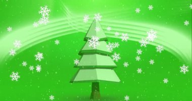 Yeşil arka planda, Noel ağacının üzerine düşen kar animasyonu. Noel, gelenek ve kutlama konsepti dijital olarak oluşturuldu.