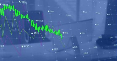On feed tick, chart overlay updating, shifting while candles dipping, rising, showing market trend. Candlestick, finance, stock, trading, dashboard, data, grid