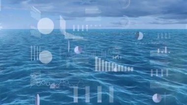 Deniz manzarası üzerindeki çeşitli grafik ve verilerin animasyonu. veri işleme, doğa, teknoloji ve dijital arayüz kavramı dijital olarak oluşturulmuş video.