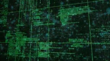 Yeşil ve siyah alanda veri işleme animasyonu. Dijital olarak oluşturulan küresel bağlantılar ve veri işleme kavramı.