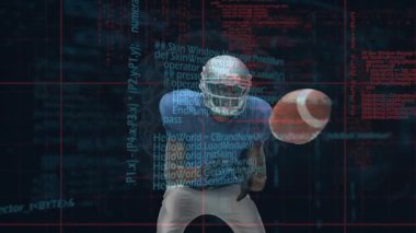 Amerikan futbolcusu üzerinde dijital arayüz animasyonu. Küresel spor, dijital arayüz ve veri işleme kavramı dijital olarak oluşturulmuş video.