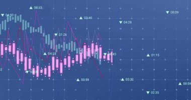 Animation of financial data processing over blue background. Global business, finances, computing and data processing concept digitally generated video.