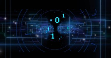 Merkezi ikili çekirdek atımı sanal ağ üzerinden HUD halkalarıyla turkuaz rakamlar gönderiyor. Neon, siber, siber uzay, ızgara, devre, mavi, parçacıklar