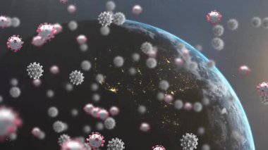 Animation of covid 19 cells flying over globe on blue background. Global covid 19 pandemic and healthcare concept digitally generated video.