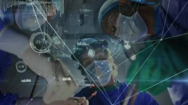 VR kulaklık takan adam üzerindeki bağlantı ağının animasyonu. Küresel eğitim dijital arayüz teknolojisi ve dijital olarak oluşturulan ağ konsepti.