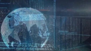 Animation of data processing with globe over server room. global business and digital interface concept digitally generated video.