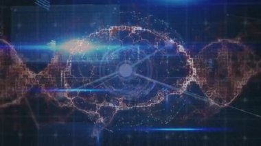 Dönen beyin simgesine karşı bağlantı ağının ve veri işleme ağının animasyonu. Tıbbi araştırma ve bilim teknolojisi kavramı
