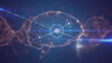 Animation of network of connections with human brain on purple background. Global connections business digital interface technology and networking concept digitally generated video.