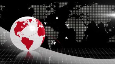 Animation of globe and world map on black background. Global network, data processing and technology concept digitally generated video.