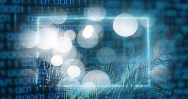 Sanal stüdyodaki ikili kod ızgarasında parlayan neon çerçeve palmiye yaprakları ve bokeh 'i gösteriyor. Fütürist, veri akışı, siber arayüz, tropikal, yeşillik, küreler