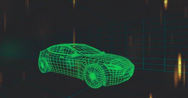 Dönen neon-yeşil kablo araba modeli 3D ızgara tünelinde hareket ediyor, yansıtıcı zemini gösteriyor. Futuristik, dijital, araç, showroom, görselleştirme, perspektif, sanal