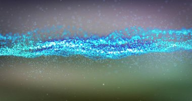 Cyan deniz mavisi parçacıkları, soyut dijital arkaplanda bokeh noktalarıyla parlıyor. Neon, iz, benekler, gradyan, fütürist, parıltı, hareket