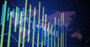 Gösterge panelinde kırmızı cyan trend çizgileri olan renkli dikey çubuk çizelgeleri gösteriliyor, mor harita. Veri, görselleştirme, analitik, yarı saydam, parıltı, derinlik, ızgara