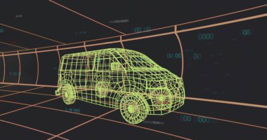 Parlayan yeşil kablo karavanı turuncu şebekeler ve deniz mavisi sembolleriyle dijital tünellerde hareket ediyor. Neon, çokgen, ağ, siber uzay, retrofuturistik, perspektif, koridor