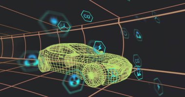 Süzülen sarı-yeşil kablo sedan Cyan altıgen simgeleriyle sanal turuncu ızgara tünelinde ilerliyor. Ağ, araç, neon, fütüristik, telemetri, görselleştirme, dijital