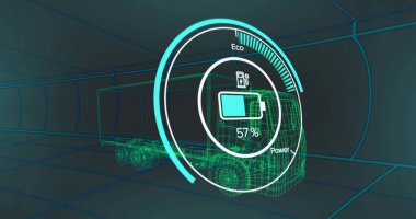 Tünel geçidinde ilerleyen yarı kamyon şasisi% 57 bataryayla HUD gösteriyor. Neon, holografik, telemetri, geleceksel, araç, ızgara, koridor