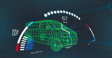 Izgara tünelinde hareket eden yeşil 3D kablo modelini gösteriyor. 67 km veya h, göstergeler, batarya. Fütürist, hud, kokpit, gösterge paneli, arayüz, araç, dijital