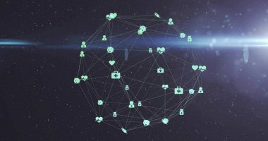 Yüzen kablo ağı küresi, kalp medikal çapraz kullanıcı simgeleriyle uzay arkaplanında dönüyor. Holografik, jeodezik, ışıltılı, ağ, bakım, sağlık, işbirliği
