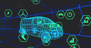 Sanal tünel koridorunda yüzen yeşil altıgen simgelerini gösteren siyan kablo minibüs modeli oluşturuluyor. Fütürist, neon, siber, 3d, görselleştirme, ızgara, simülasyon