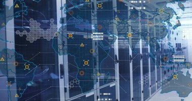Ana sunucu raflarını cam kapılar ve LED 'ler ile veri merkezinde göstererek, dünya haritasını örtüyor. Rack, kabine, ağ, ızgara, küresel, bağlantı, mavi